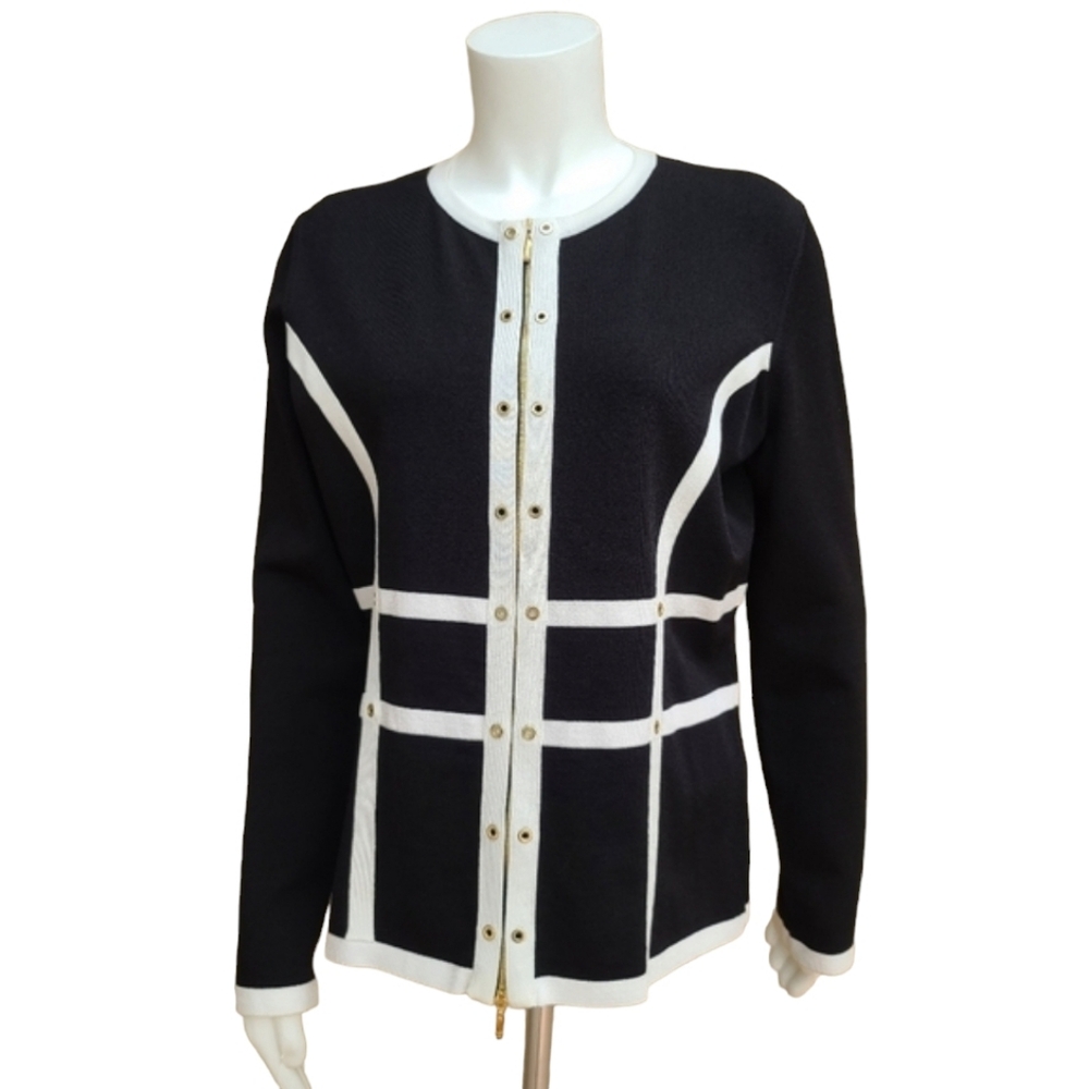 ESCADA Contrast Striped Santana Knit Jacket L Top Sweater Cardigan Travel VTG - Picture 5 of 15